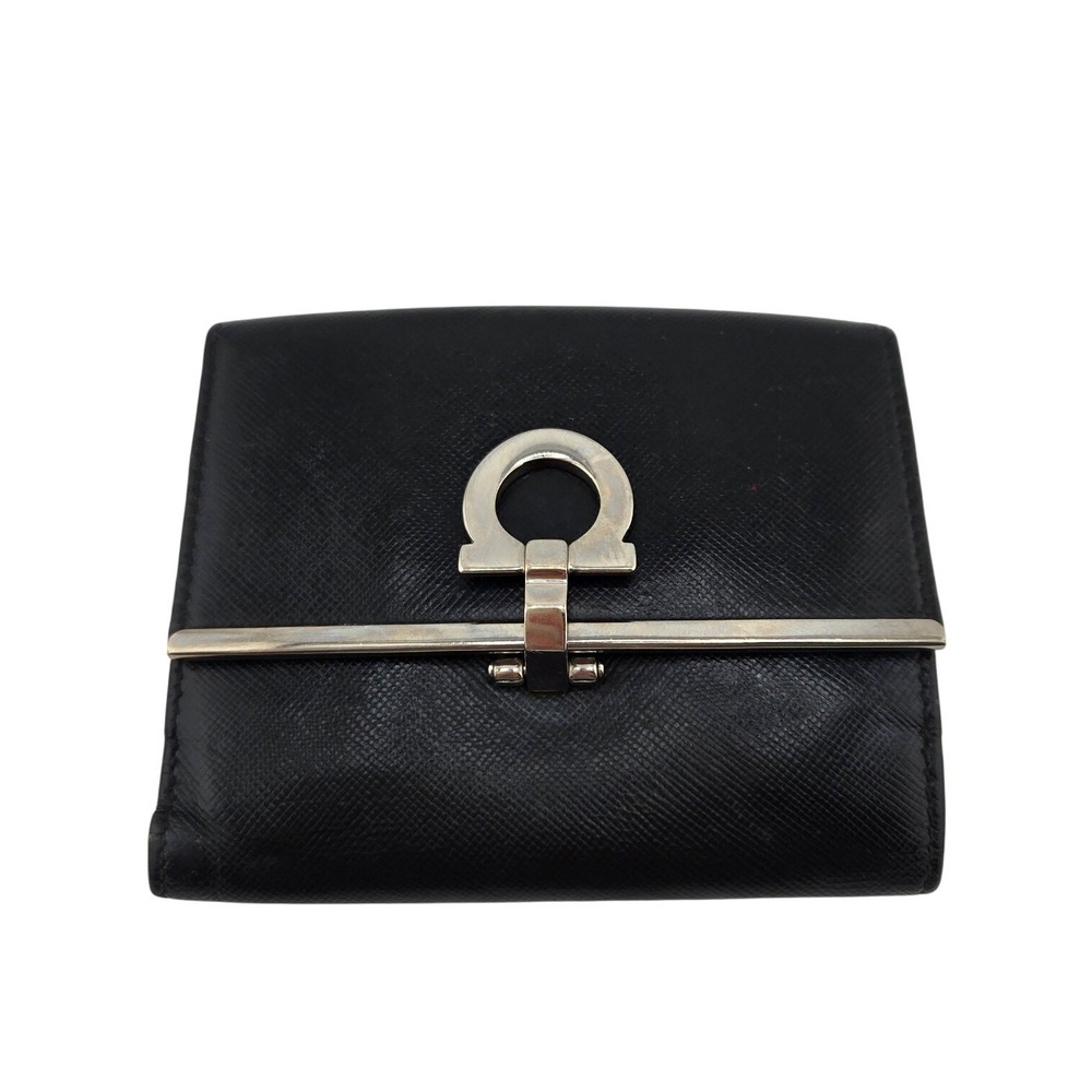 Salvatore Ferragamo Black Saffiano Leather Gancini Clip Tri-Fold Wallet